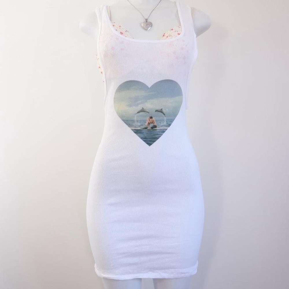 y2k dolphin aquamarine heart ribbed mini dress white tank dress size S
